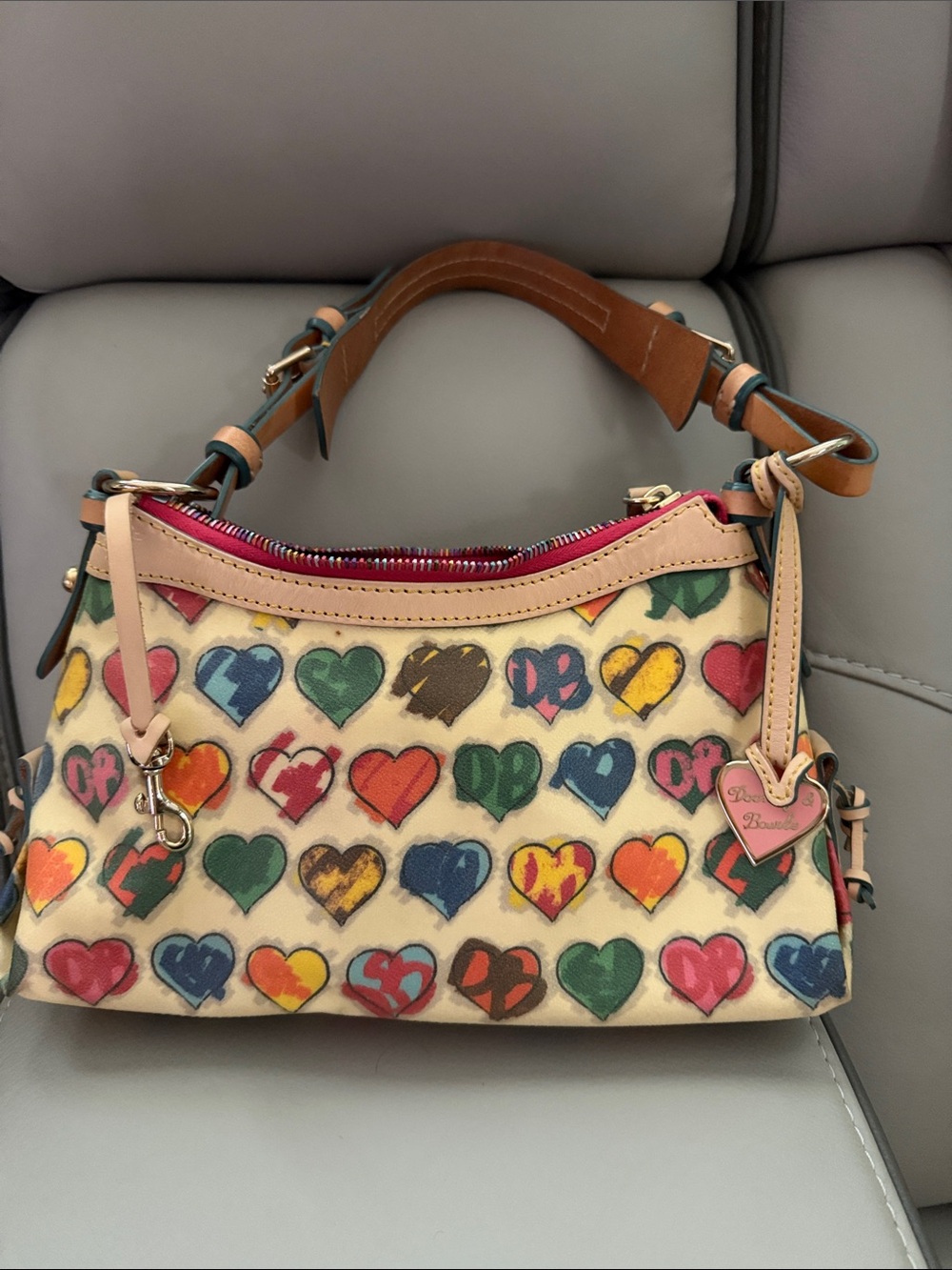 Dooney & Bourke Cream Multicolor Heart-Print Shoulder Bag with Tan Strap